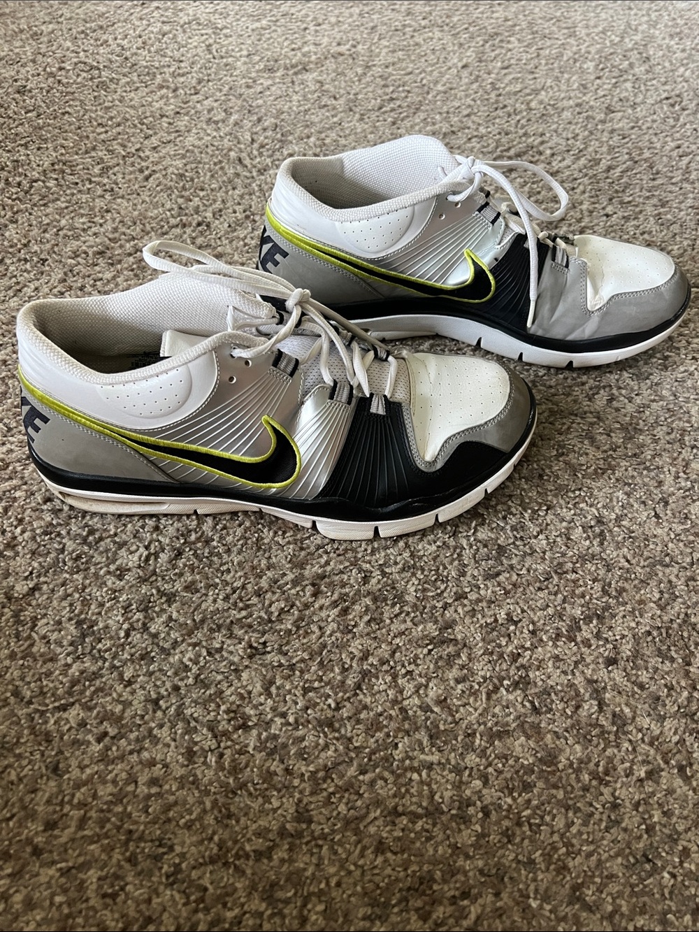 Nike White Gray Black Sneakers with Neon Yellow Swoosh